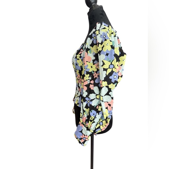 Free People Smocked Floral Puff Sleeve Top XS – Square Neck Black Multicolor - Picture 9 of 13